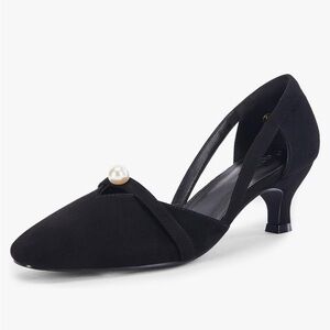 Coutgo Womens Kitten Low Heels Dress Shoes Closed Square Toe Pearl